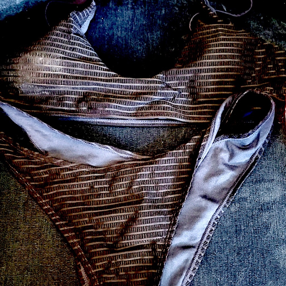 Navy Blue striped bikini. New size Large